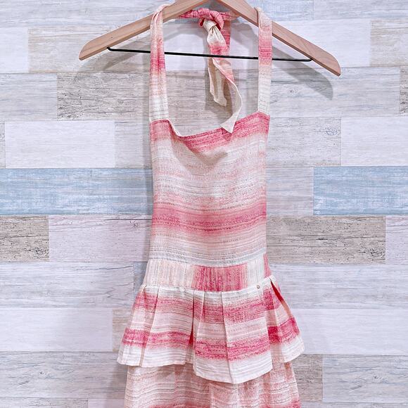 Anthropologie Ruffle Striped Apron Pink Cream Metallic Cotton Womens One Size OS - Picture 2 of 6